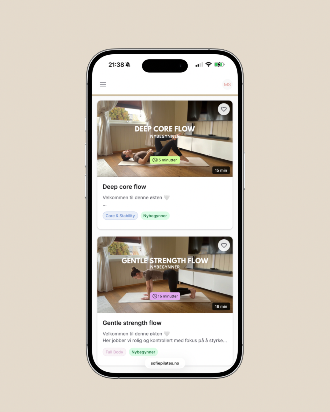 Sofiepilates app på mobil